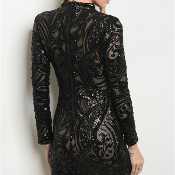 LAST 1! SEQUIN BLACK W/ NUDE UNDERLAY DRESS - Picture 3 of 5